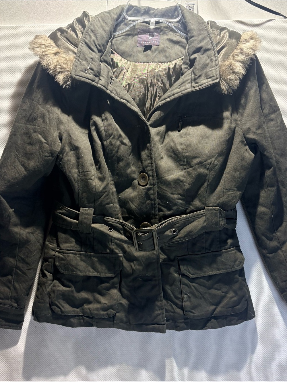 Forever 21 Women's Y2K Olive Green Hooded Utility Jacket with Belt
